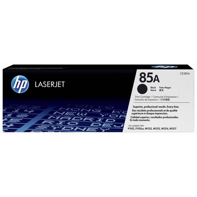 HP 85A (CE285A) Black Original LaserJet Toner Cartridge front-facing cartridge silhouette in black, replacement laser toner cartridge with visible latch and label area; avg. cartridge yield (pages) 1600, compatible with HP LaserJet Pro M1212nf, M1217nfw, P1102w and P1109w. Often used as a spare replacement for small office printers.