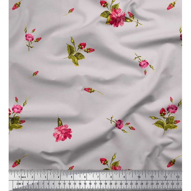 Soimoi Modal Satin Fabric Leaves & Carnation Floral Print Fabric by Yard 42 Inch Wide