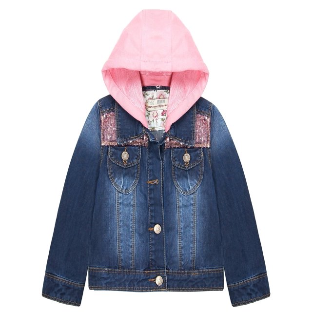 KIDSCOOL SPACE Little Girl Pink Detachable Hood Flower Embroidered Jean Jacket,Pink Cap,5-6 Years