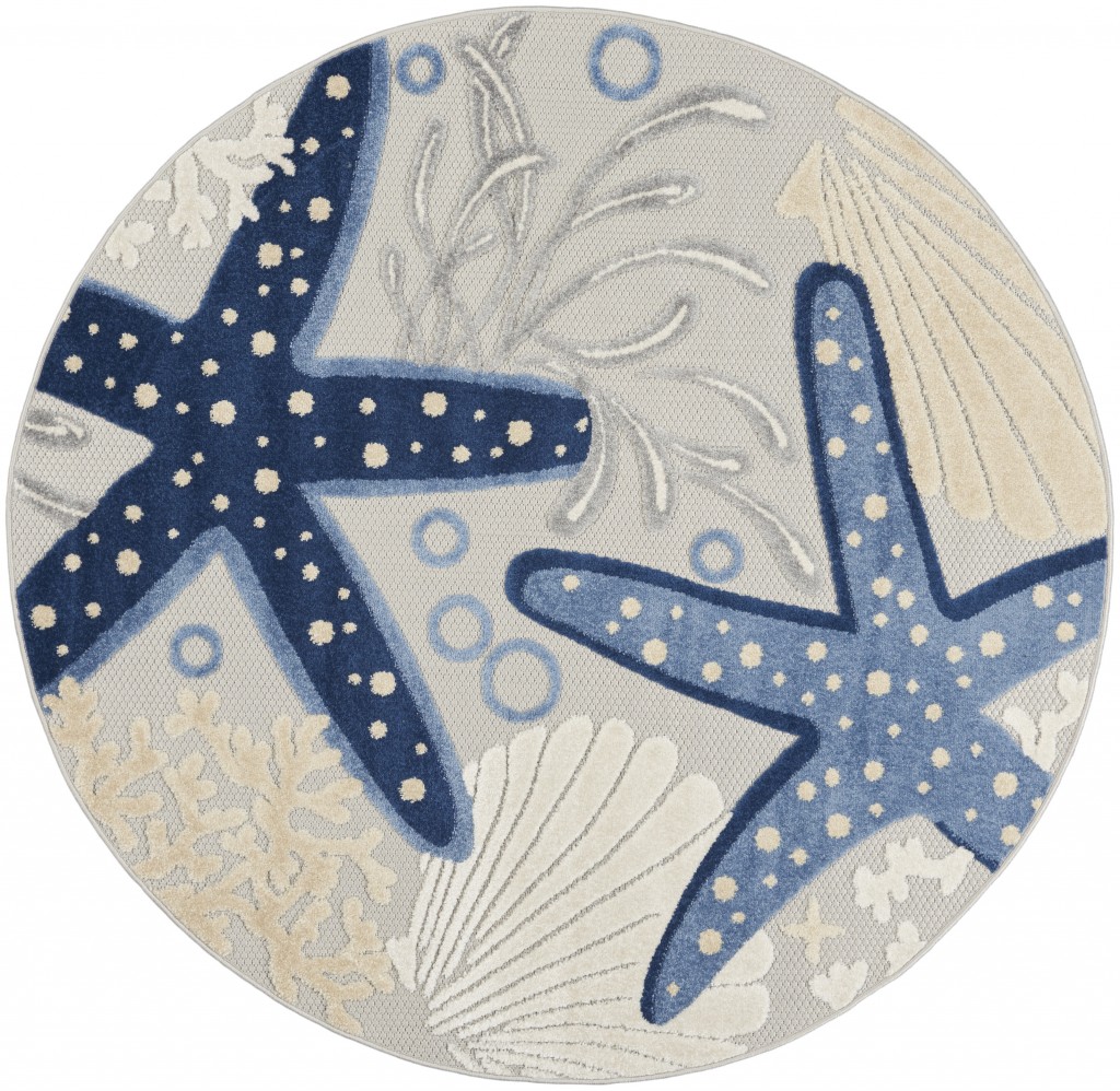homeroots home decor 385075 5’ Round Blue and Gray Indoor Outdoor Area Rug