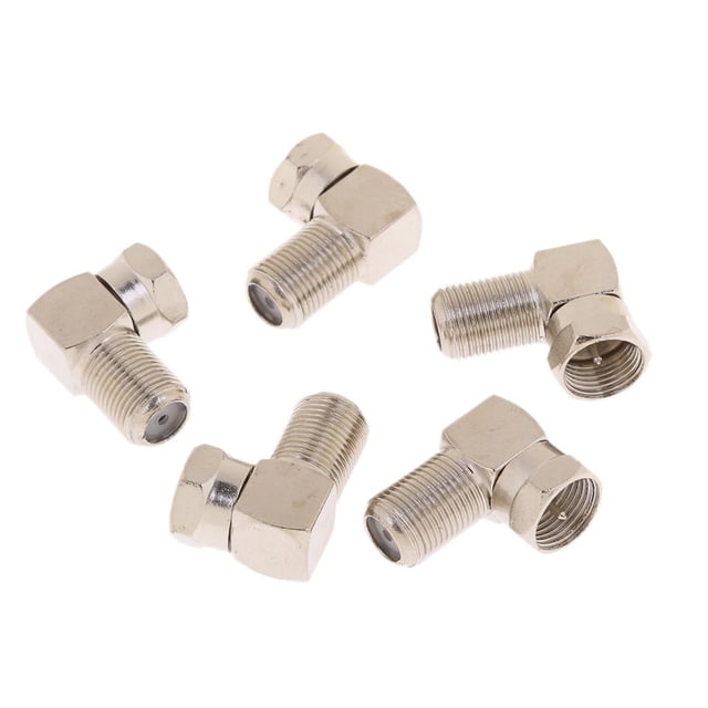 5 pieces 90 Degree Coaxial Cable TV Adapter Connector RG6, featuring right-angle male-to-female connectors with anti-corrosion plated copper construction. Ideal for RG6 and RG59 coaxial cables, these F-type connectors convert screw F cables to push-on connections for easy disconnection. Suitable for TV accessories and quick cable adjustments. Includes five connectors with a compact size of 21mm x 17mm x 10mm.