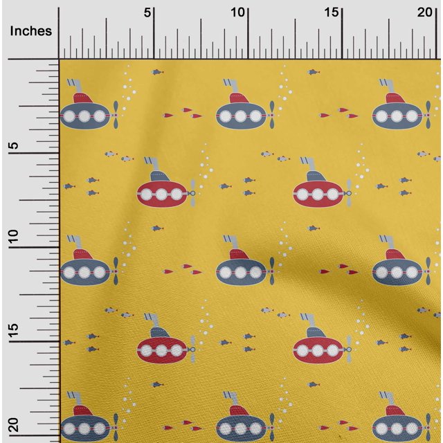 oneOone Polyester Lycra Yellow Fabric Submarine & Fish Ocean Sewing Material Print Fabric By The Yard 56 Inch Wide
