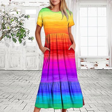 Meichang Gradient Dresses for Women Trendy Tiered Dresses Short Sleeves Crew Neck Midi Dresses Loose Fit Casual Swing Dresses Summer Beach Vacation Dresses with Pockets