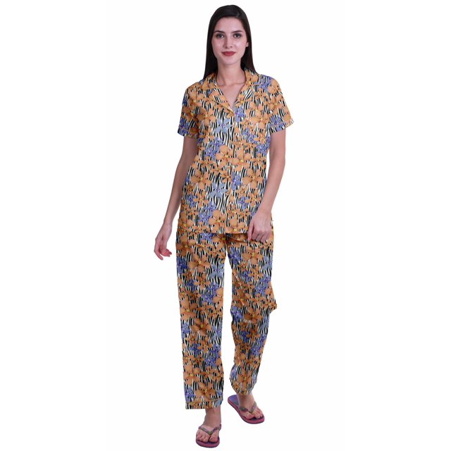 Moomaya Pyjama pour Femmes Ensemble de Pj Chemise de Pyjama en Coton Imprimé à Boutons Tenue de Nuit