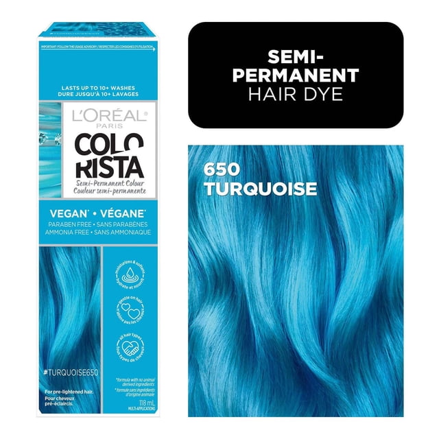 L'Oréal Paris Colorista Semi Permanente Hair Color in 650 Turquoise, showing vibrant turquoise blue hair strands and packaging highlighting vegan, paraben-free, and ammonia-free semi-permanent hair dye for pre-lightened hair, lasting up to 10+ washes and suitable for all hair types.