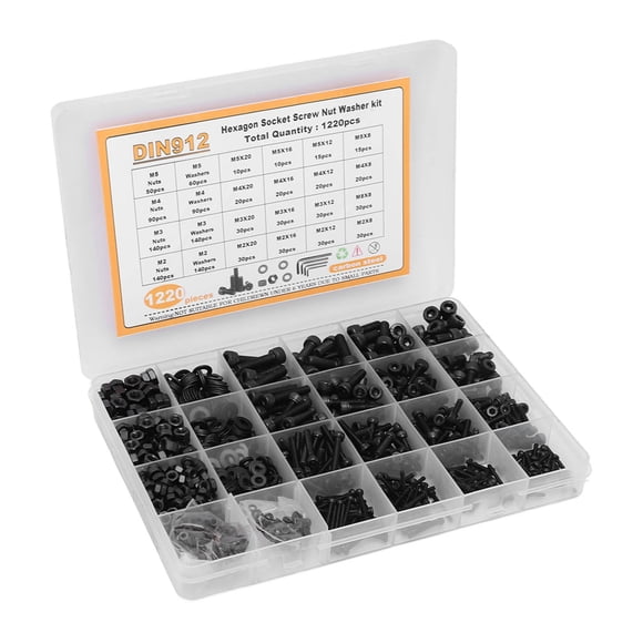 "1220-Piece Black Carbon Steel Hex Socket Screw Nut Washer Kit - M2 M3 M4 M5 Sizes with Spacers - DIN912 Standard for Electronics, Furniture & Hardware"