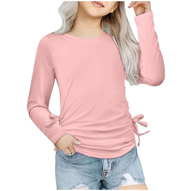 Sunnyoo T-Shirt Décontracté à Manches Longues pour Tout-Petites Filles, Col Rond, Froncé avec Nœud, Tailles 3-14