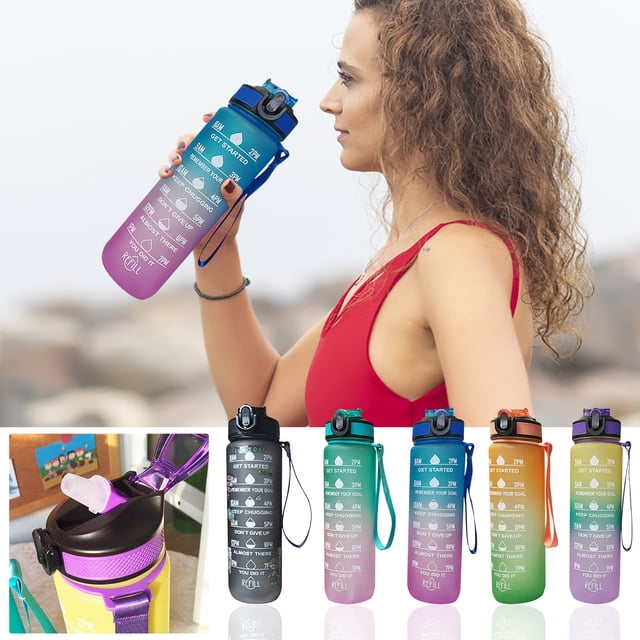 Festival Water Bottle, 33.82 Oz, available in multiple colors such as blue, purple, green, orange, and black. This portable water bottle features a time-marked design for hydration tracking, a flip-top lid with a straw, and a carrying strap. Made from lightweight, reusable plastic, it is ideal for sports, hiking, gym, and travel.