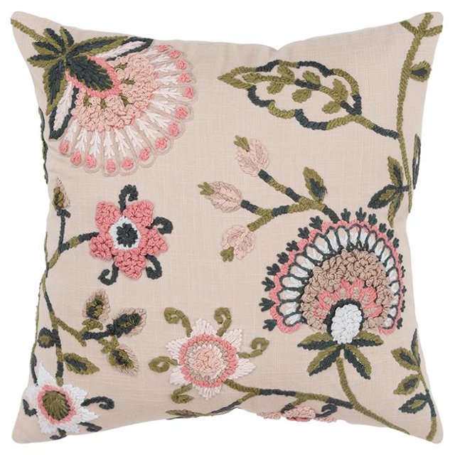 HomeRoots 403367 Coussin Décoratif Brodé à Motif Botanique Blush