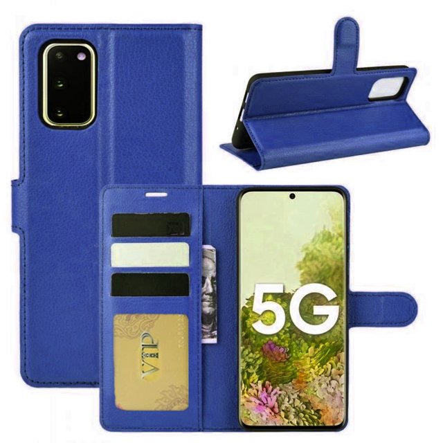 Samsung Galaxy S20 FE, 5G (2020) case in a leather magnetic card slot wallet folio flip design. The case is shown in a vibrant blue color with multiple credit card slots, a pocket for bills, and a magnetic clasp for secure closure. It also features a foldable stand for media viewing and is made of premium synthetic leather with a TPU inner case for shock absorption and drop protection.