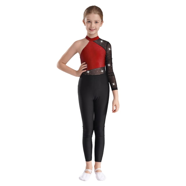 Oyolan Combinaison de Danse Patchwork en Maille à une Épaule Bordeaux 12