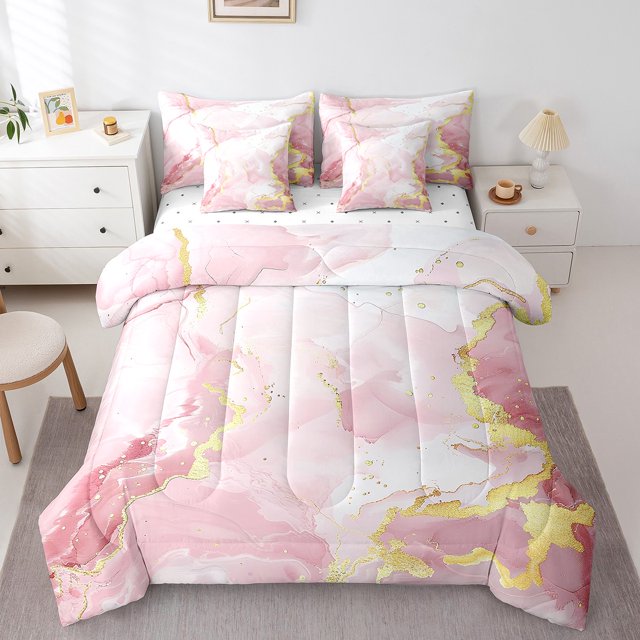 YST Pink Marble 7-Piece Bedding Set, Watercolor Painting King Size Comforter Set, Modern Abstract Artwork