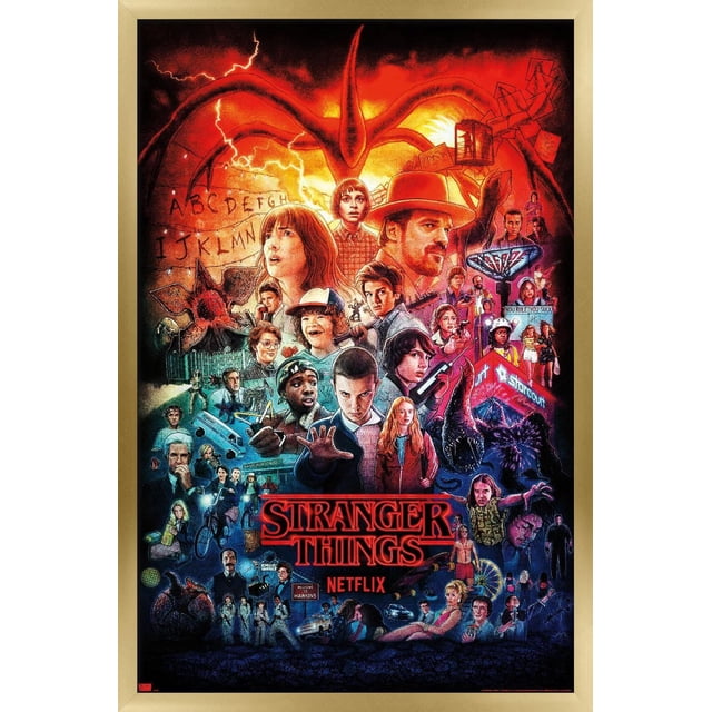 Netflix Stranger Things - Three Seasons One Sheet Wall Poster, 22.375" x 34", featuring a vibrant collage of characters and iconic imagery from the series including the Demogorgon, the Christmas light alphabet wall, and Starcourt Mall, printed on glossy paper with a magnetic wood frame, perfect for home décor and wall art in bedrooms, offices, or dorms.