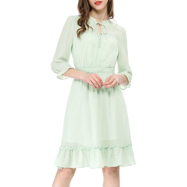 INSPIRE CHIC Women's Layered Ruffle Hem 3/4 Sleeves Smocked Chiffon A-Line Dress M Green