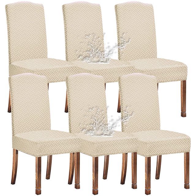 Oblique Plaid Waterproof Stretch Chair Covers for Dining Room Set of 6 in cream color. These removable and washable dining chair slipcovers feature a textured oblique plaid pattern and are designed to fit chairs with back heights of 18-23 inches and seat dimensions of 14-18 inches. Made from premium elastic fabric, they provide protection against spills, stains, and daily wear, making them ideal for homes with children or pets. The set is shown on wooden dining chairs with water-resistant properties highlighted.
