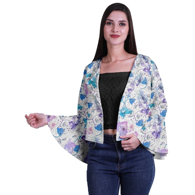 Moomaya Printed Summer Clothes For Women Front Open Bell Sleeve Short Shrug Cardigan