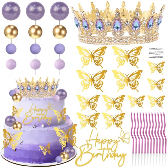 Birthday Crown Cake Topper, Cake Decorations with Happy Birthday Cake Topper, Balls, Gold Butterflies, Corona Para Pastel for Women, Princess, Wedding Party Decor (Gold & Purple)