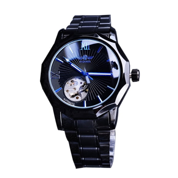 WINNER Elegant Black Dial Men's Automatic Stainless Steel Watch with Roman Numerals and Skeleton Design