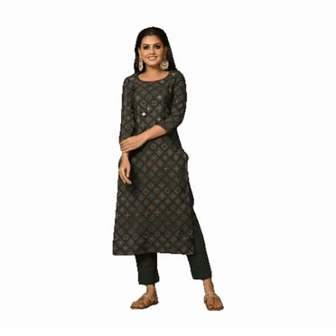 DWEEP SARA Ensemble Kurta et Pantalon pour Femmes en Modal Gris Soyeux Imprimé Coupe Droite, L/40