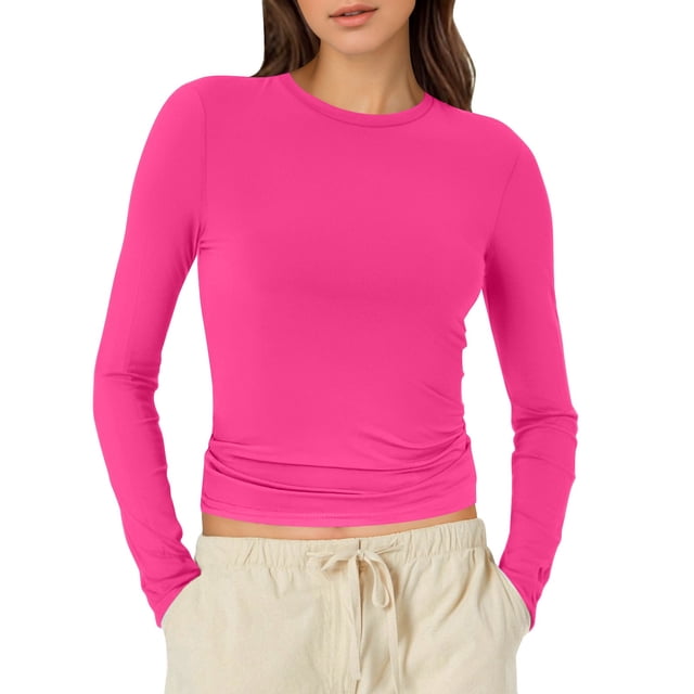 T-Shirts pour Femmes à Manches Longues Col Roulé Haut pour Femmes Lot Coton Spandex Chemises pour Femmes Col Rond Crop Top Femmes T-Shirts de Course à Manches Longues pour Femmes T-Shirt Tendance Basique Uni Femmes T