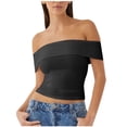 thumbnail image 1 of Yuyuzo Going out Tops for Women off Shoulder Tops Short Sleeve Crop Top Solid Color Stretchy Slim Fitted Basic Tees, 1 of 7