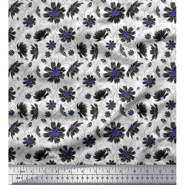 Soimoi polyester Crepe Fabric Leaves & Cosmos Floral Printed Fabric 1 Yard 52 Inch Wide