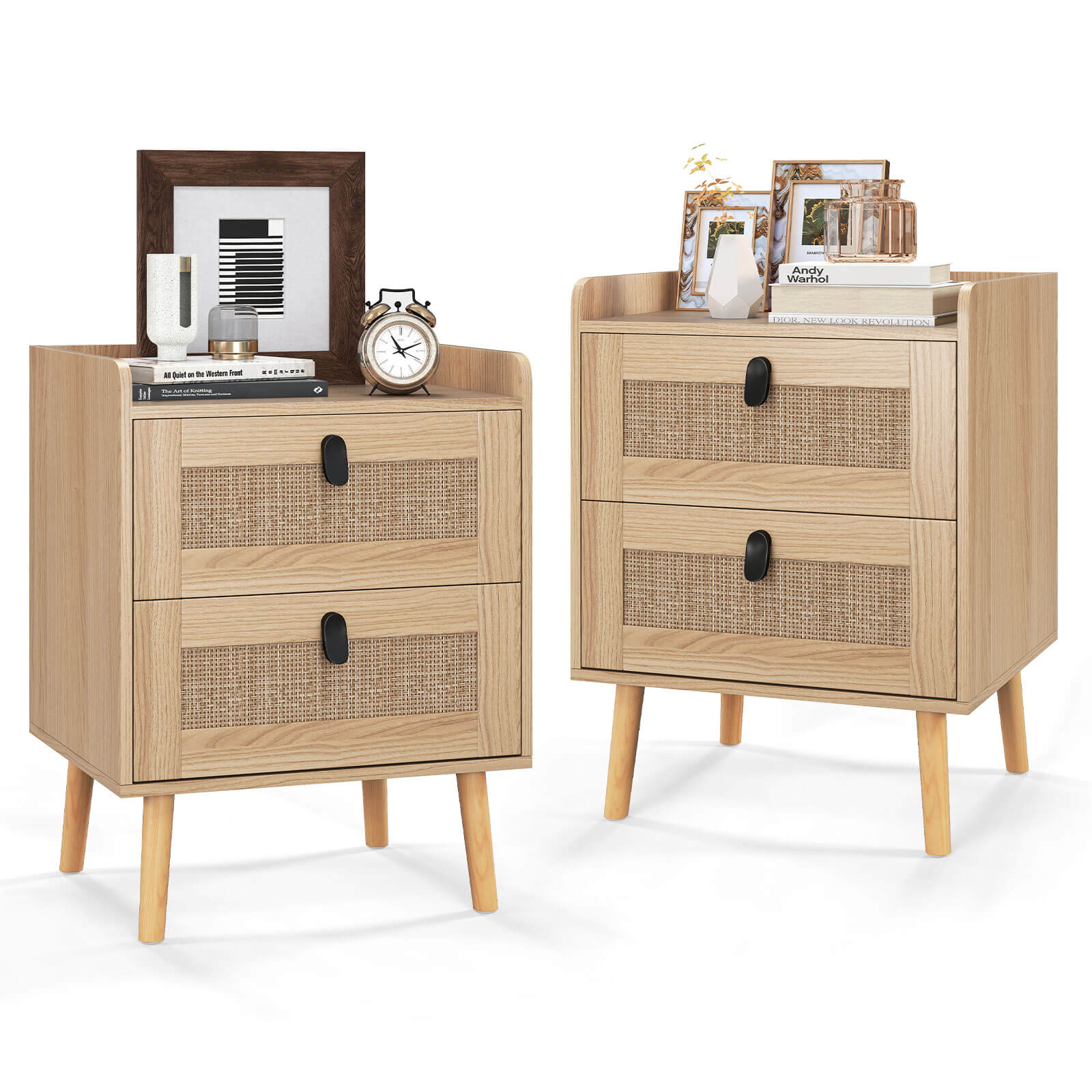 Costway 2 PCS Nightstand End Bedside Table with 2 Rattan Drawers & Solid Wood Legs White Natural
