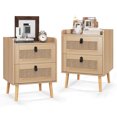 thumbnail image 1 of Costway 2 PCS Nightstand End Bedside Table with 2 Rattan Drawers & Solid Wood Legs White Natural, 1 of 10