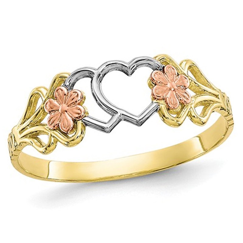 Bague Promesse en Or 10K Jaune et Blanc avec Cœur et Fleur