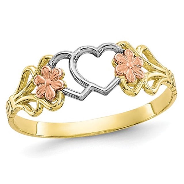 Bague Promesse en Or 10K Jaune et Blanc avec Cœur et Fleur