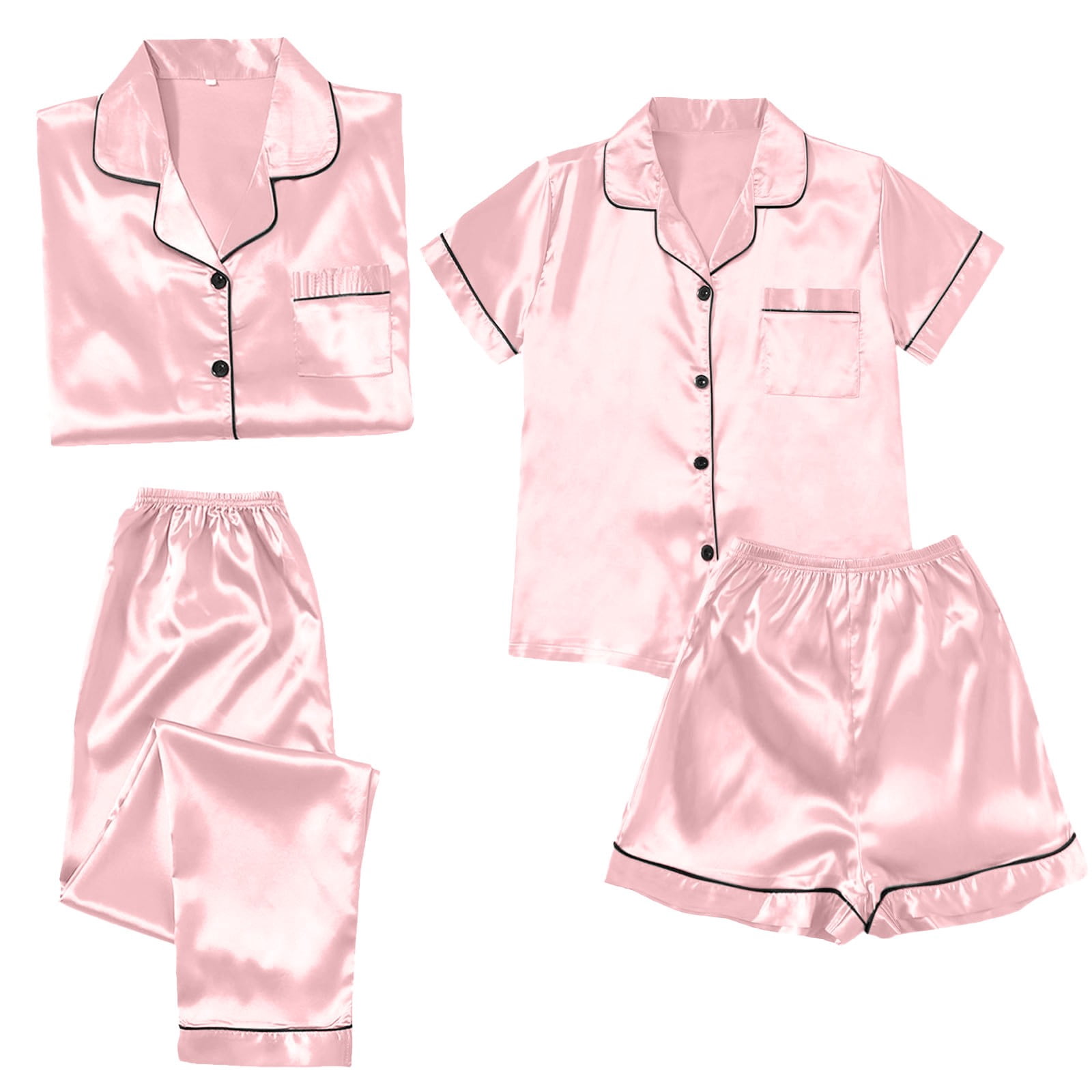 ZJXFGS Womens Summer Pajamas Sets, Silk Pajamas, Satin Pyjamas Women's Short 4 Piece Pyjamas Short Sleeve Sleepwear and Shorts Set Women Loungewear, Womens Pajama Set Pink 2XL