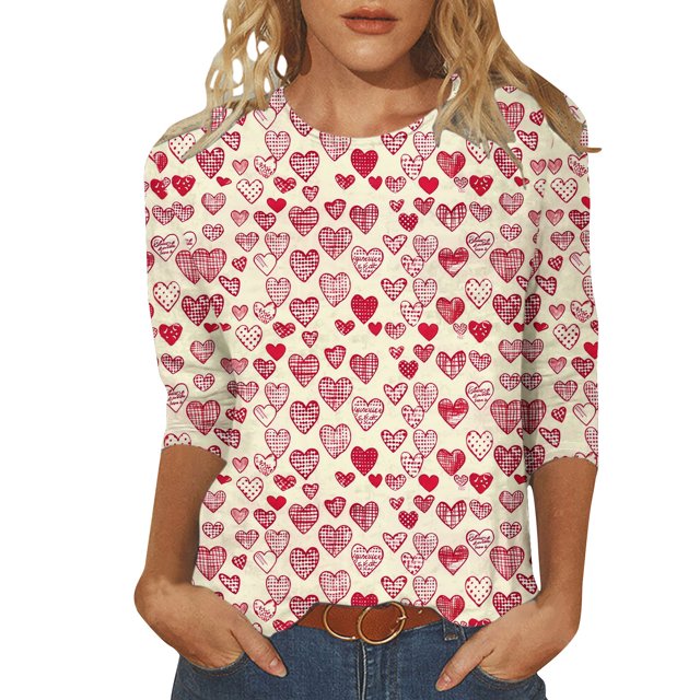 Penkiiy Chemises de la Saint-Valentin pour Femmes, Graphique Cœur, Col Rond, Hauts Décontractés, Blouses Amples à Manches 3/4, Grande Taille, Tunique 2025 m Multicolore
