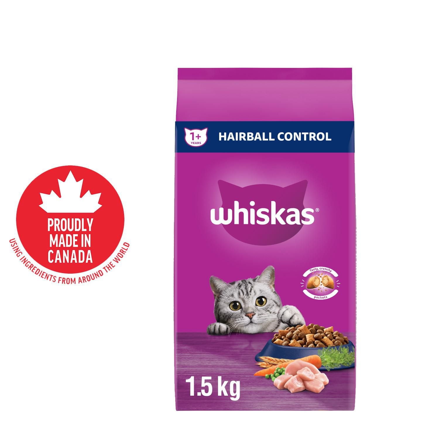 WHISKAS Adult Dry Cat Food, Hairball Control, Real Chicken Flavour 1.6kg