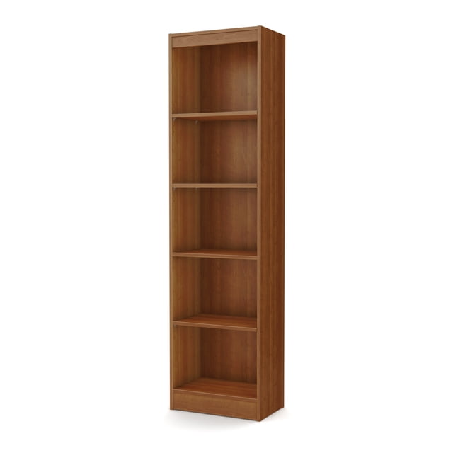 South Shore Smart Basics collection 5-Shelf Narrow Bookcase in warm wood finish, shown in 3/4 profile with five open shelves including one fixed and three adjustable shelves supporting up to 25 lb each, ideal for office furniture and bookshelves in tight spaces.