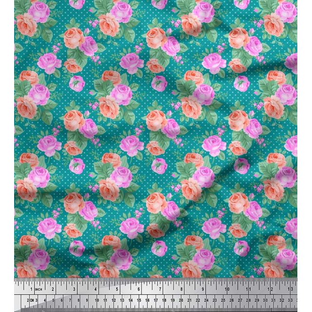 Soimoi Rayon Fabric Dot,Leaves & Rose Floral Decor Fabric Printed Yard 56 Inch Wide