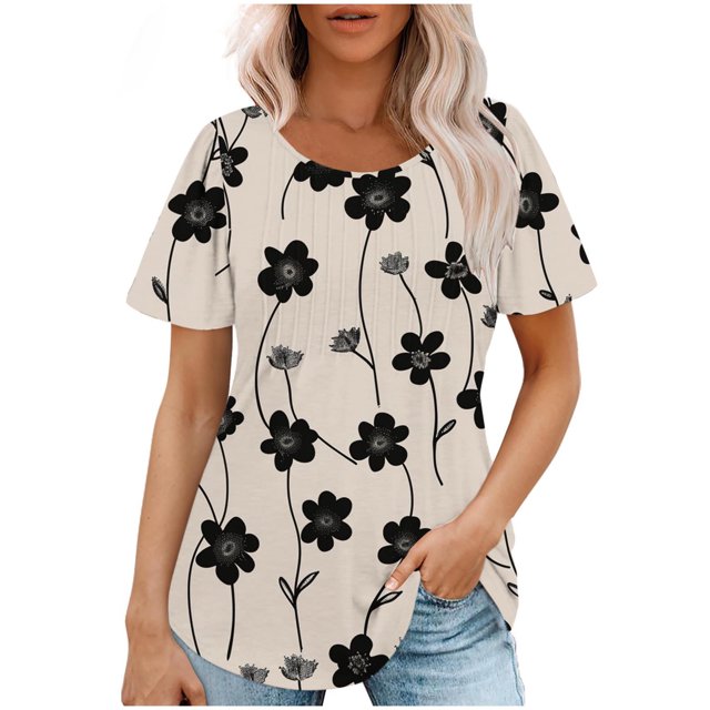 Hauts d'Été à Manches Courtes Femme Mode 2024 Blouses Plissées Chic Décontractées Col Rond T-Shirts de Couleur Unie (Grand, Noir 03)