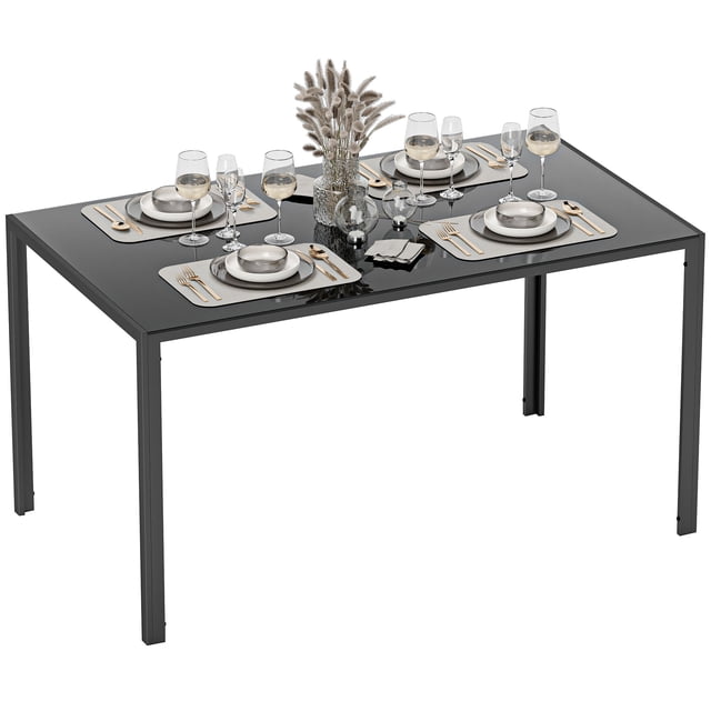 HOMCOM Table à Manger Rectangulaire, Table de Cuisine en Verre Trempé avec Pattes en Acier