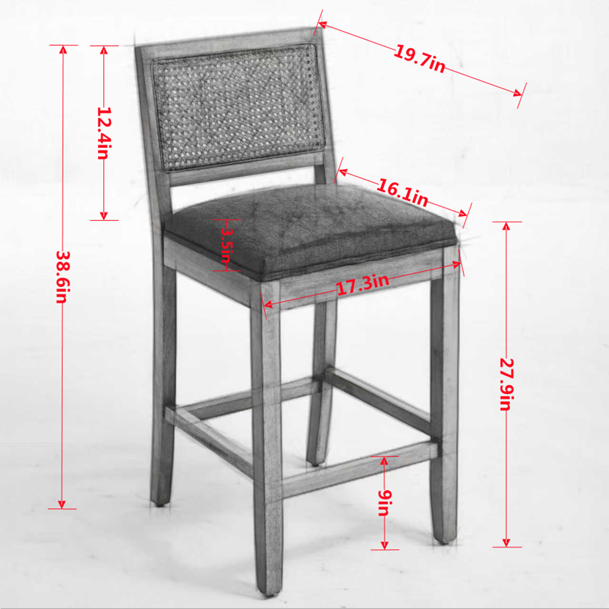 Noble House Full Solid Wood Rattan-Back Bar Stool Set of 2,Matte Linen Cushion with High-Resilience Foam & S-Springs,Beige