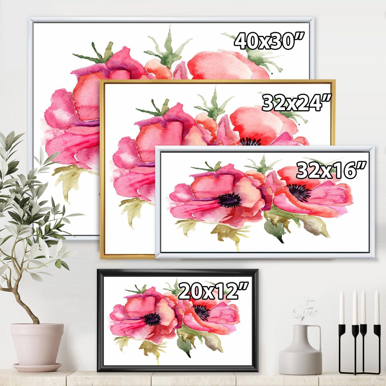 Designart Fleurs de pavot stylisées ART MURAL À CADRE FLOTT
