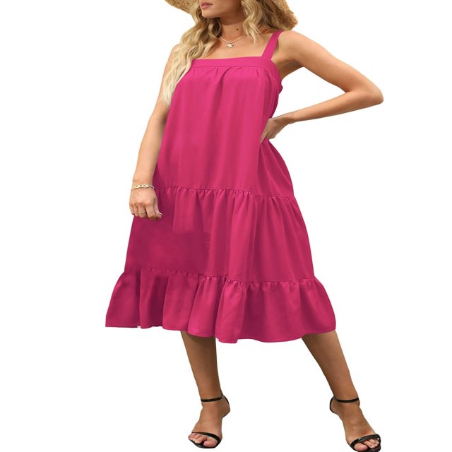 Women Midi Tank Dress Summer Sleeveless Solid Color Loose Ruffle Tiered Beach Boho Dress