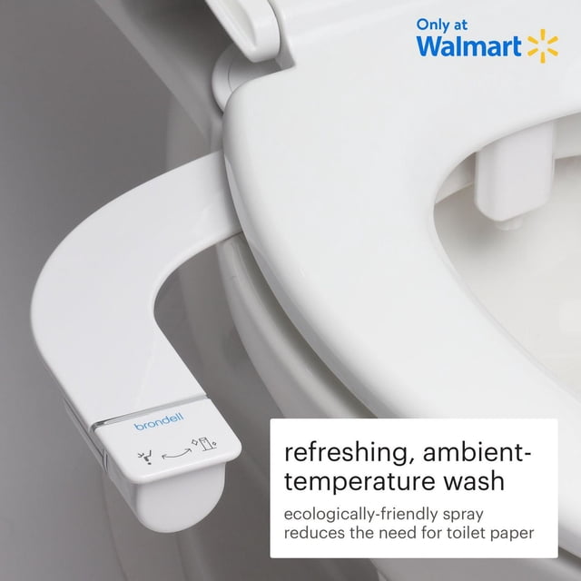 Rinslet Single Nozzle Bidet Attachment installed under a white toilet seat with a slim white control panel featuring Brondell branding and icons for adjustable water pressure and nozzle spray, offering an eco-friendly, hygienic wash as a bidet replacement part for bathroom renovation.