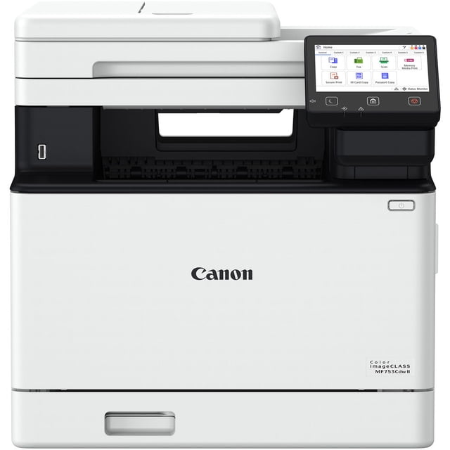 Canon imageCLASS MF753Cdw II multifunction wireless color laser printer with white and black casing, top flatbed scanner, front USB port, and color touchscreen control panel on the right displaying copy, fax, scan, and secure print options, suitable for small and medium businesses.