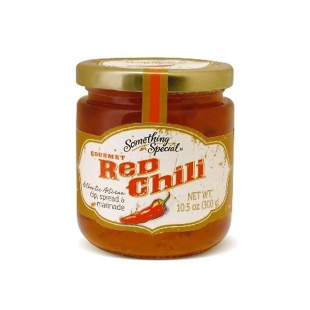 Something Special Red Chili gourmet dip spread and marinade in a clear glass jar with a gold metal lid, featuring a vintage-style label with red and orange text and a red chili pepper illustration, net weight 10.5 oz (300 g). This gluten-free cooking sauce is ideal for spicing up Asian dishes, stir-fries, and marinades.