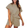 thumbnail image 1 of Mikilon Ensemble de Sport Confortable pour Femmes Couleur Unie Nouvelle Mode Décontractée Haut à Manches Longues et Short Ensemble de Haut/chemise à Col Rond à Manches Courtes Kaki S, 1 of 5