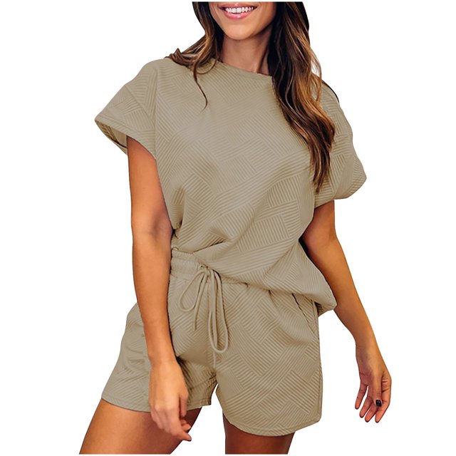 Mikilon Ensemble de Sport Confortable pour Femmes Couleur Unie Nouvelle Mode Décontractée Haut à Manches Longues et Short Ensemble de Haut/chemise à Col Rond à Manches Courtes Kaki S
