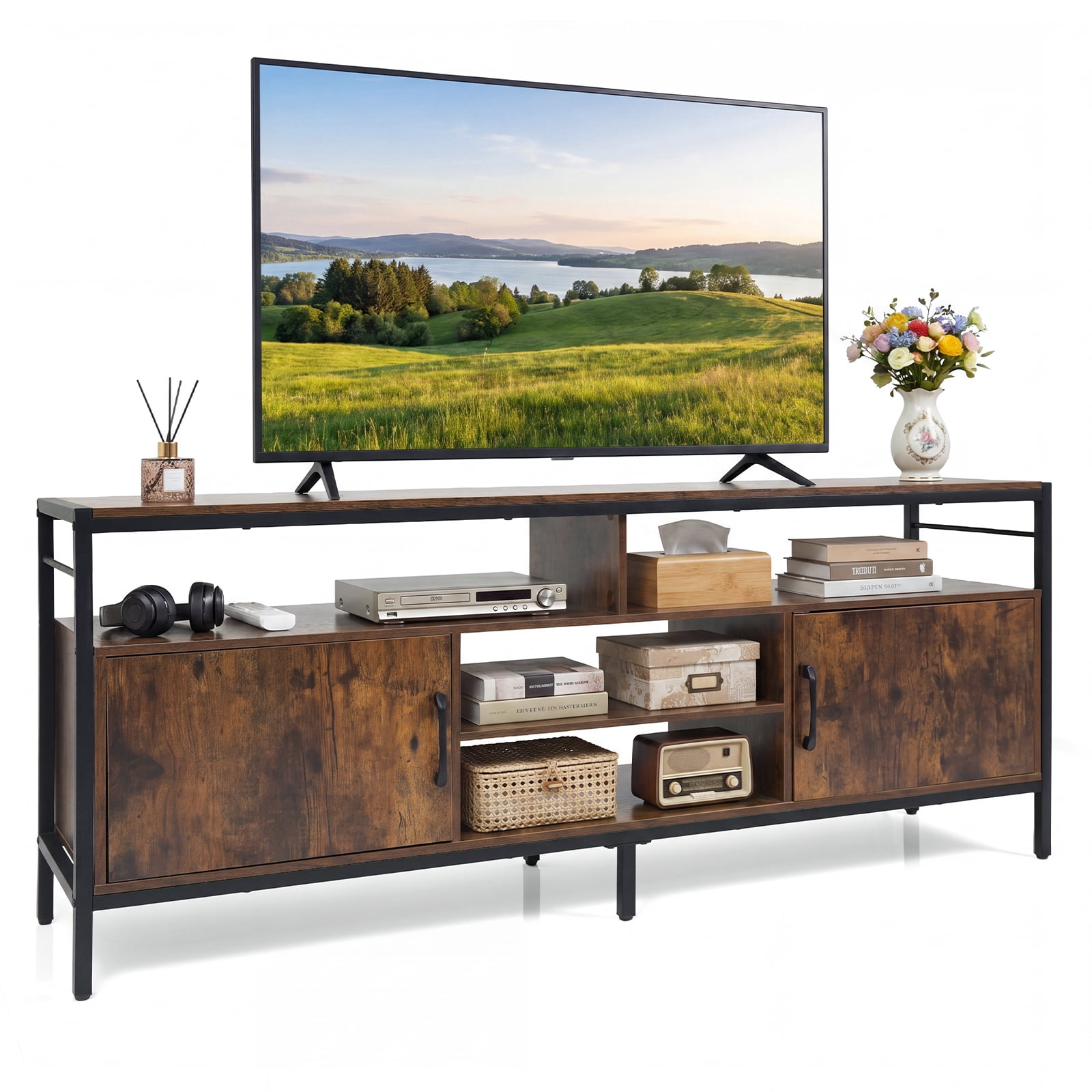 Gymax Meuble TV pour téléviseurs jusqu'à 65'' Centre de divertissement avec 2 cabinets de rangement et 4 étagères ouvertes