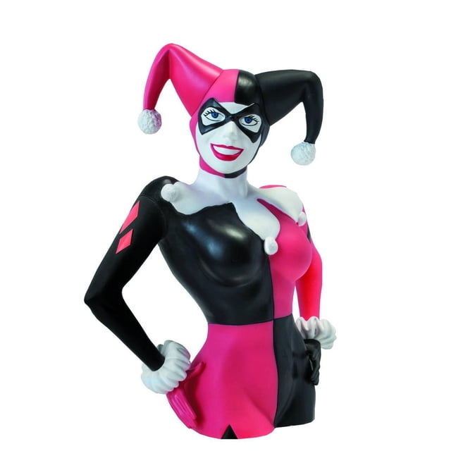 Harley Quinn Bust Bank with a front-facing bust in a split black and pink jester costume featuring white pom-poms on the collar and cuffs, made of roto-cast plastic, designed as a piggy bank and unique desk decoration ideal for storing money.