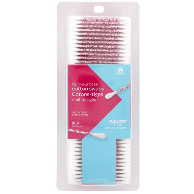Equate Beauty Lot de Cotons-Tiges Polyvalents avec 500 Cotons-Tiges Doux et Épais Comprenant des Pointes en Coton Blanc Pur à 100 % et des Baguettes Flexibles à Imprimé Léopard Rose, Convient à une application de Maquillage Précise, aux Retouches de Vernis à Ongles et à un Usage facial Délicat.