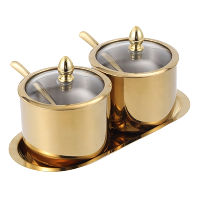Piwvid 2-Piece Stainless Steel Sugar Bowl Set with Lid and Spoon, Sugar Container for Kitchen Countertop, Also for Salt and Coffee, Holds 2 Cups, Dishwasher Safe