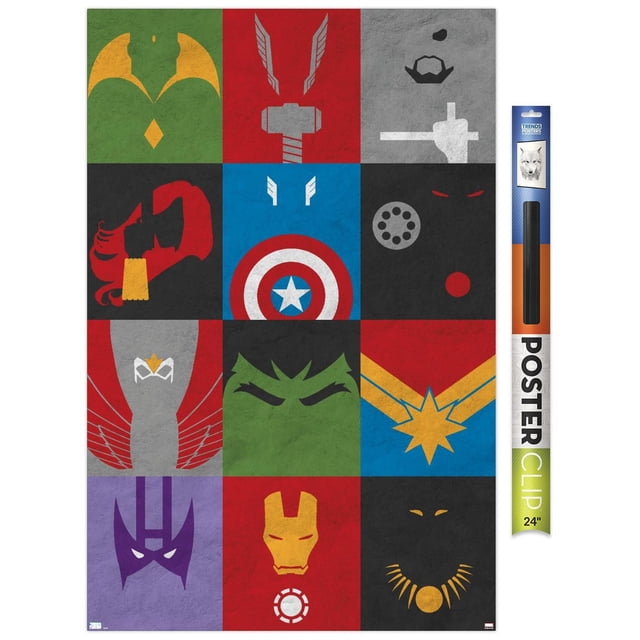 Marvel Comics - Avengers - Minimalist Grid Wall Poster, 22.375" x 34" featuring a 12-panel grid with minimalist icons of Avengers characters including Loki's green helmet, Thor's hammer on red, Groot's face on gray, Scarlet Witch's red profile, Captain America's shield on blue, Vision's face on black, Falcon's wings on gray, Hulk's green eyes and brow, Captain Marvel's star emblem on blue, Hawkeye's purple mask, Iron Man's red and gold helmet with arc reactor, and Black Panther's gold necklace on black textured background, printed on glossy poster paper and suitable for decorating bedrooms, offices, or dorms.